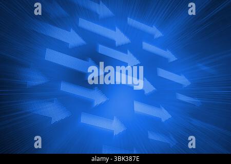 Dot-matrix arrows are streaming rightward in flat design, with glowing blue light streaks Stock Photo