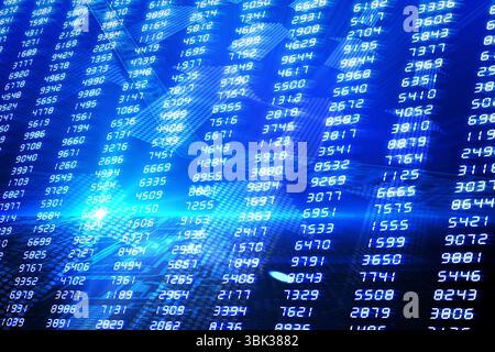 Scrolling numeric columns over blue grid in flat design, showing wireframe globe and waveforms Stock Photo