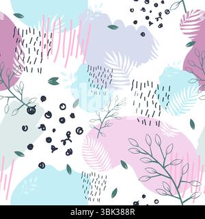Abstract pattern is showing pastel blobs, leaf sketches, brush strokes, dot clusters on white base Stock Photo