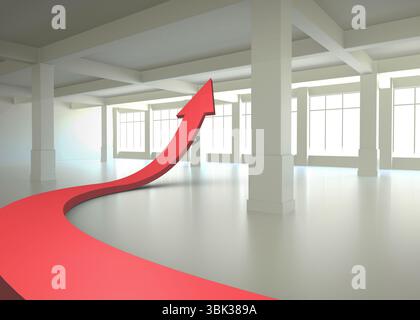 3D render is showing large red arrow curving around column under ceiling beams with tall windows Stock Photo