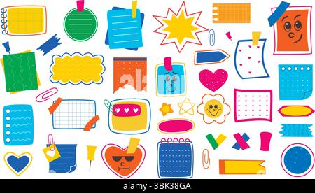 Set of colorful paper notes in doodle style. Notes and stickers, papers, pages - cute illustrations. Hand drawn paper memos for mood. Vector elements Stock Vector
