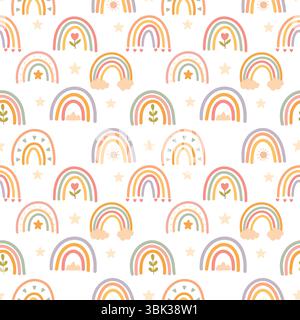 Whimsical pastel rainbows with icons like sun, hearts, leaves and clouds in a seamless pattern. Ideal for children’s decor. Stock Vector