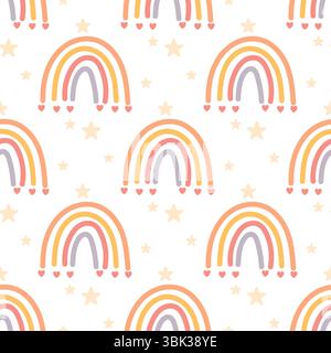 Cute repeating rainbow pattern with hanging hearts and stars in pastel tones. Great for nursery, kids decor and textiles. Stock Vector