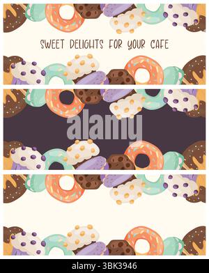 Set of seamless horizontal dessert borders for cafe Stock Vector
