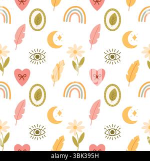 Eclectic pattern featuring moon, eye, flower, rainbow and feathers in soft tones. Perfect for mystical kids or boho themes. Stock Vector