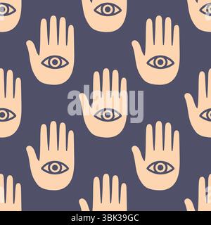 Mystic boho seamless design of hamsa hands with eyes in lineart style. Ideal for spiritual art and textile prints. Stock Vector