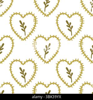 Cute repeating pattern with stitched hearts and branches in olive green, drawn in soft boho folk art style. Stock Vector