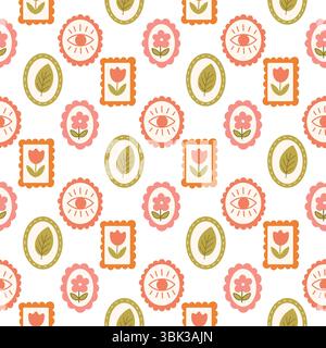 Whimsical seamless pattern with stylized frames featuring tulips, leaves, eyes and flowers. Boho design for textile or print. Stock Vector