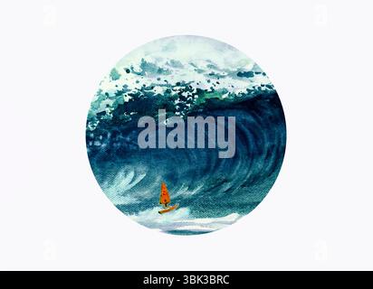One sportman windsurfer - Watercolor painting of waves in the sea. Beautiful summer And emotions are sprayed in the sky, circle style on white backgro Stock Photo