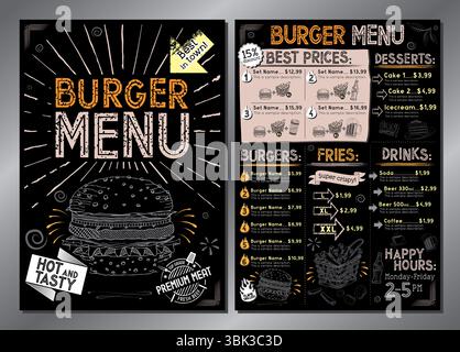Vintage burger restaurant menu template - single A4 card (burgers, french fries, desserts, drinks, sets) Stock Vector