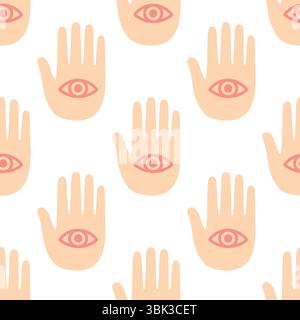 Bright and soft spiritual pattern with hamsa symbols and eye motifs. Light palette makes it perfect for nursery and gifts. Stock Vector