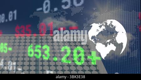 White globe icon floating over financial dashboard, showing green tickers and world map, copy space Stock Photo