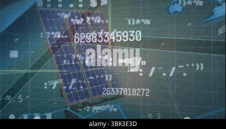 Showing solar panel array on frame merging with grid, numerical, world map overlays in VR interface Stock Photo