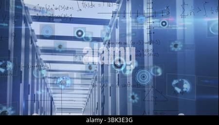 Displaying central server cabinets lining data center corridor, with holographic formula overlays Stock Photo