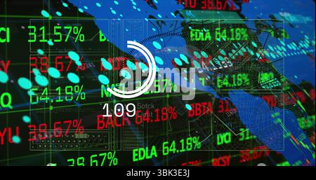 Displaying white circular progress gauge showing 109 Stock label on trading screen, with world map Stock Photo