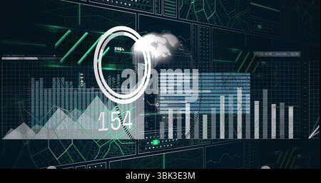 Displaying data dashboard panel at virtual control room, with triangular charts and ring gauge Stock Photo