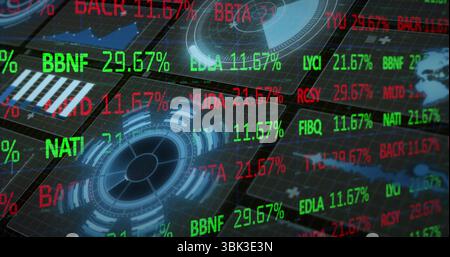 Trading interface displaying market data on dark grid, with floating tickers, charts and world map Stock Photo