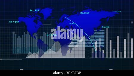 Displaying digital world map showing data visualization on dashboard, with bar charts and arrow Stock Photo