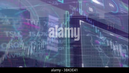 Displaying translucent financial charts with neon candlesticks and percentages over city skyline Stock Photo