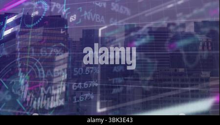 Displaying city skyline showing neon data overlays at urban business district, with HUD elements Stock Photo