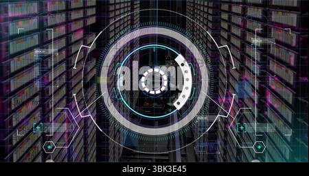 Displaying HUD scanning shelving aisle, with concentric rings, data panels, targeting reticles Stock Photo