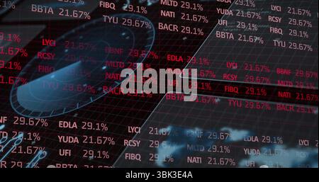 Displaying alphanumeric codes and percentage values on financial trading screen with blue circle Stock Photo