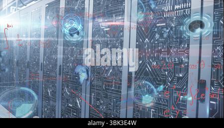 Displaying server cabinets featuring circuit panels in data center, floating red equations blue HUD Stock Photo
