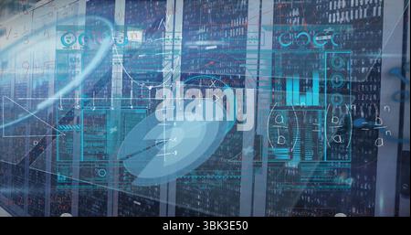 Streaming digital overlays across black server cabinets in data center aisle, with LED indicators Stock Photo