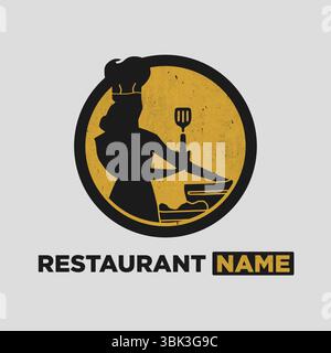 Restaurant Logo Featuring Female Chef Silhouette Cooking with Spatula in Black and Gold Circle Design Stock Vector