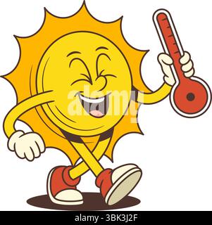 Funny retro sun character with a smiling face, cartoon style limbs, and a red thermometer symbolizing summer heat and sunny weather. Perfect for logo, Stock Vector