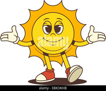Cheerful cartoon sun mascot walking forward with open arms and a calm smile in retro animation style. Suitable for summer promotions, children's proje Stock Vector