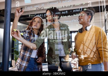 Diverse women collaborating on coding project, writing on glass board in modern office Stock Photo