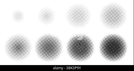 Half tone growing circles. Dotted round shapes, circular gradient frames for logo design, black and white halftone radial dots stipple patterns Stock Vector