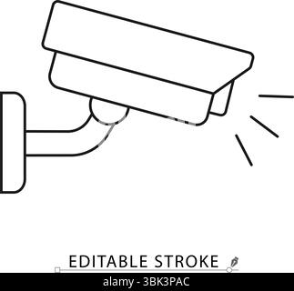 Surveillance camera icon in minimal line style with editable stroke. Symbol of security system, video monitoring, safety equipment, CCTV visuals Stock Vector