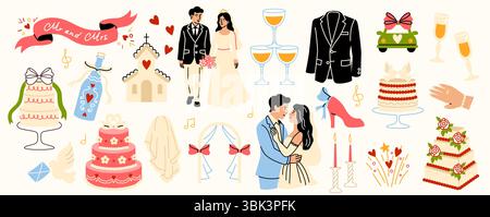 Doodle marriage ceremony. Wedding celebration invitation card elements with bride and groom, romantic love event with cake and champagne. Vector Stock Vector