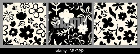 Floral brush pattern. Abstract flower seamless print with leaves, spring blossom botanical background for fabric textile design. Vector flowers Stock Vector