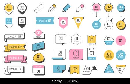 List point element. Minimalistic title frame, abstract simple decorative bullet list elements, basic geometric banners with ribbon shapes and colors Stock Vector