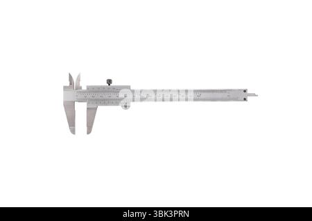 Precision Caliper, A stainless steel vernier caliper, a precision measuring tool, is isolated on a white background. include clipping path Stock Photo