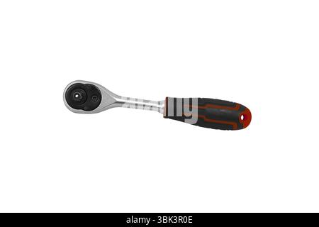 Ratchet Tool or Socket Wrench, A closeup of a silver ratchet with a black and red handle, isolated on a white background. include clipping path Stock Photo