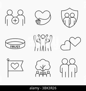 Set of clean outline style icons symbolizing friendship, trust, love and loyalty, Ideal for UI UX, social apps and relationship themed designs, vector Stock Vector