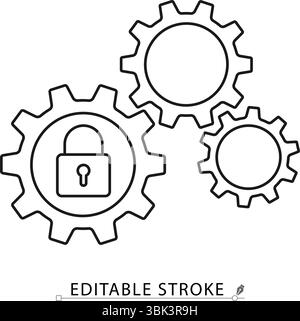 Secured mechanism icon in minimal line style with editable stroke. Combination of gears and padlock symbolizing protection, system settings, secure Stock Vector