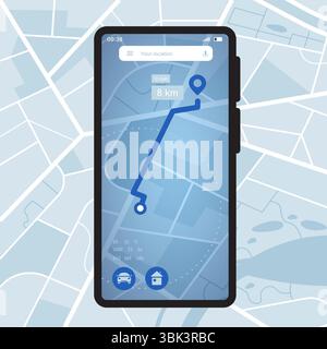 Phone navigator map. Smartphone GPS application with city map, location tracking and route navigation UI. Vector mobile device with mapping software Stock Vector