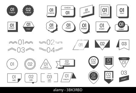 Simple list element. Title frame doodle geometric figures with numbers forms and shapes, check marks and memo banners. Vector number bullet point Stock Vector
