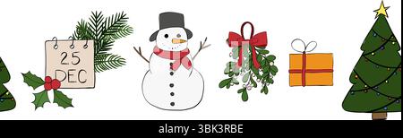 Christmas border with snowmen, tree, presents, holy colored Seamless horizontal border. Vector graphic line ink illustration. For poster, flyer, banne Stock Vector