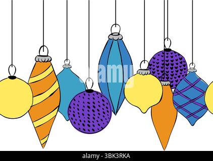 Christmas balls toys Seamless horizontal border. Vector graphic line ink illustration. Silhouette sign for logo, print, comics, fashion, pop art, boar Stock Vector