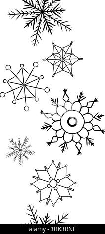 Snowflakes Seamless vertical border. Vector graphic line ink illustration. Christmas and New Year decoration elements. Perfect for cards, decorations, Stock Vector