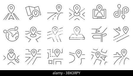 Route line icon. Path with location pointers, routes and directions navigation map with GPS markers, travel journey and trip street way. Vector route Stock Vector