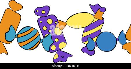 Candy colorful sweet Seamless horizontal border. Vector graphic line ink illustration. Bonbon candies in bright color packaging wrapping. Sugar sweet Stock Vector