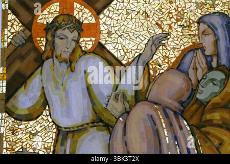 Way of the cross. 8th Station: Jesus meets the women of Jerusalem.  Annecy. France. Stock Photo