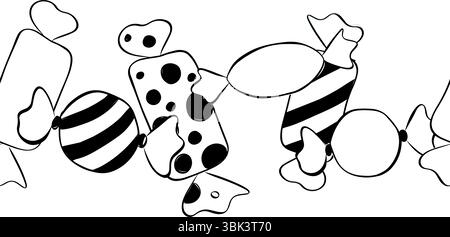 Candies sweets black and white Seamless horizontal border. Vector graphic line ink illustration. Banner, poster, wrapping paper, sticker, print, moder Stock Vector